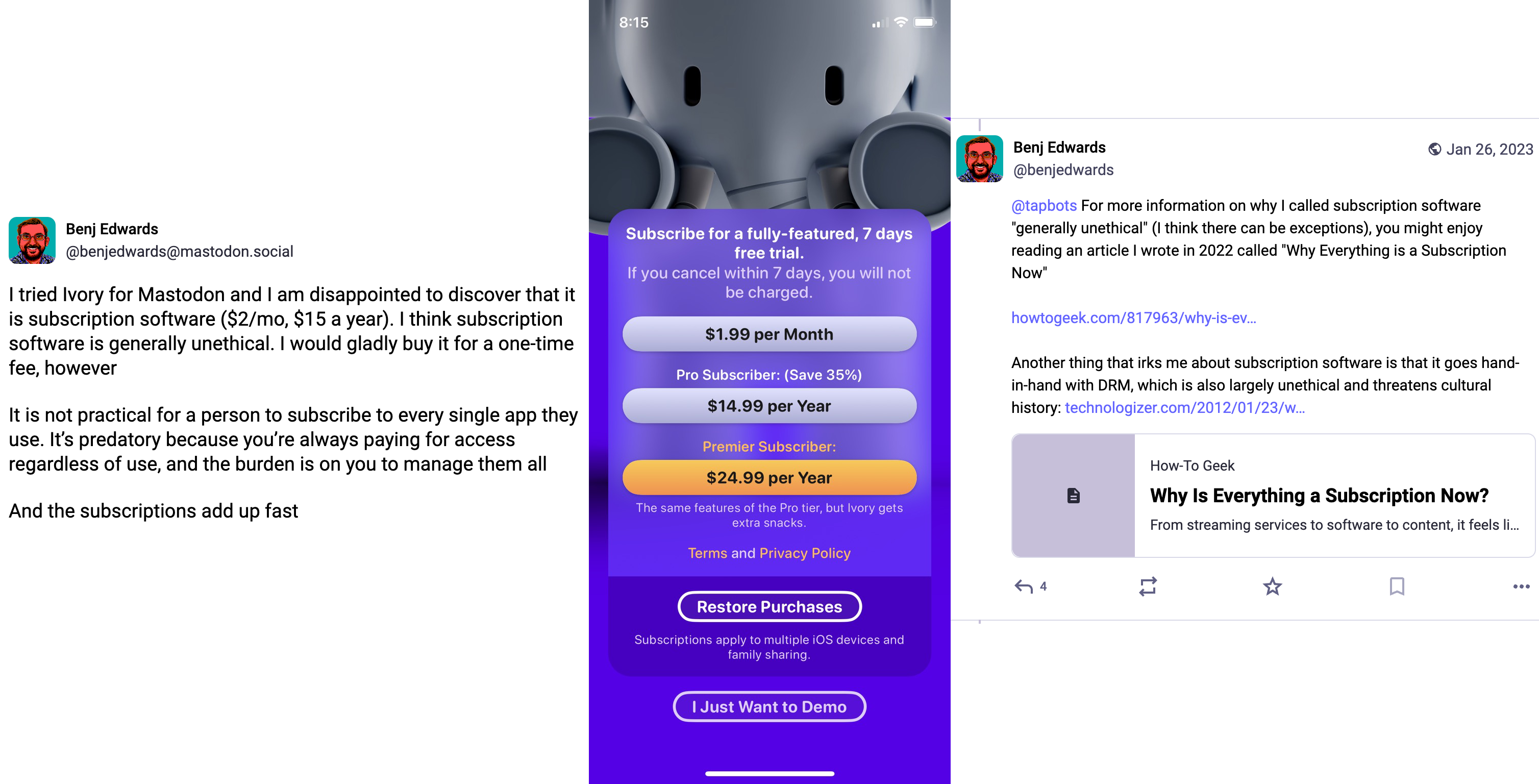 Screenshot of the Ivory app pricing and comments by Benj Edwards