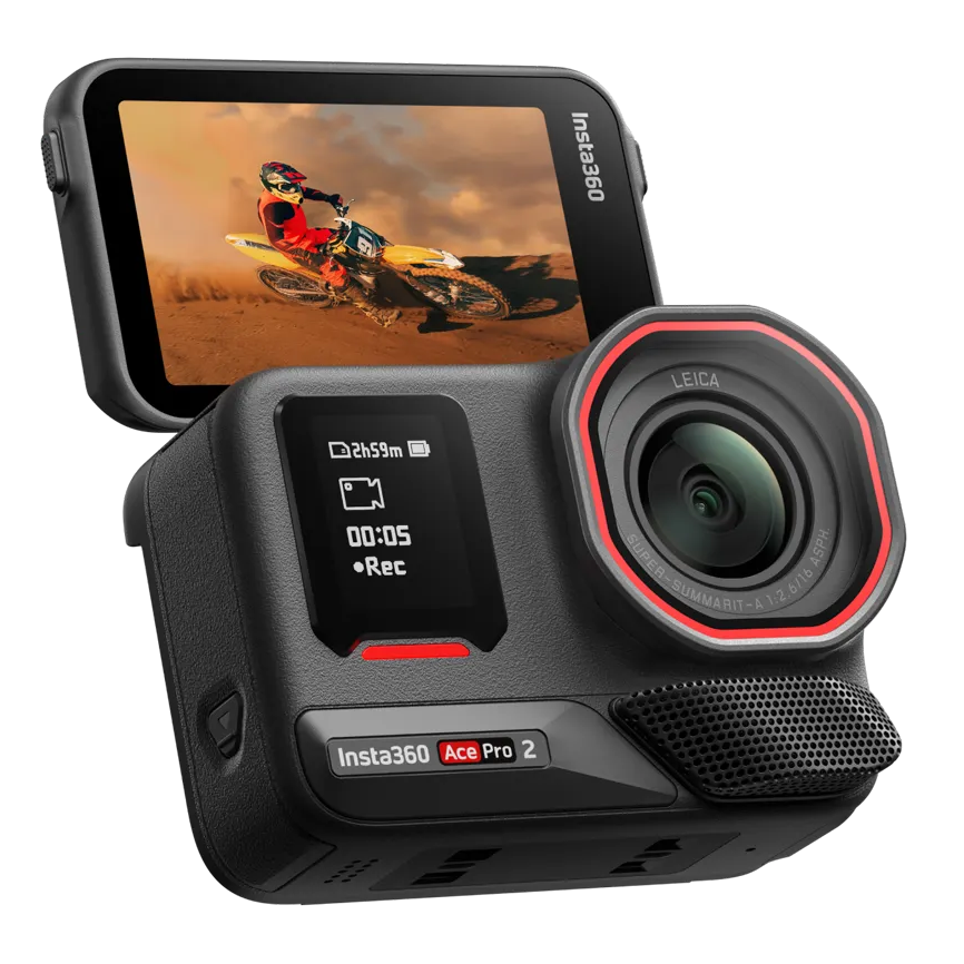 Tilted front view of the Insta360 Ace Pro 2 with a raised flip-up screen