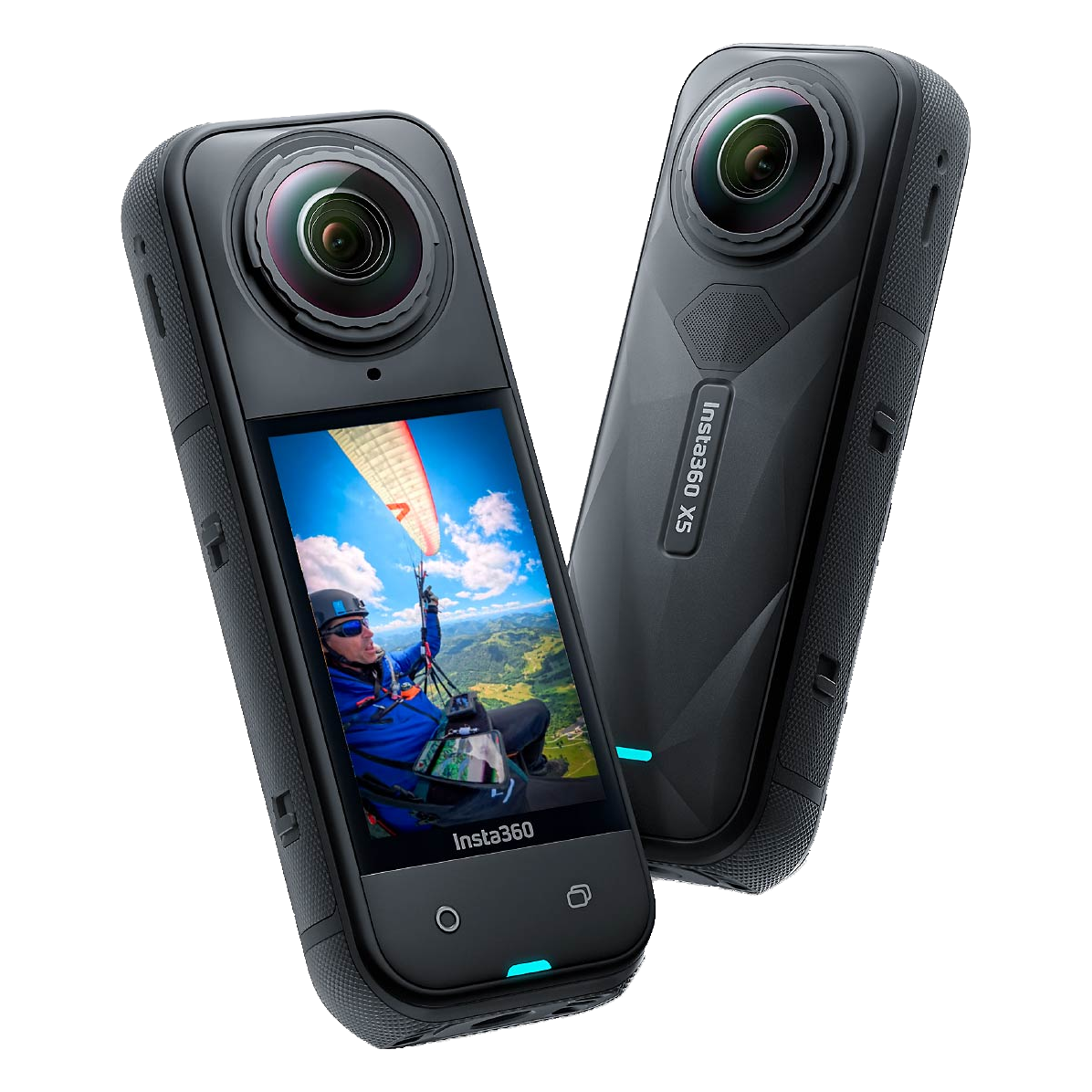 Two Insta360 X5 cameras oriented to show the front and back perspectives